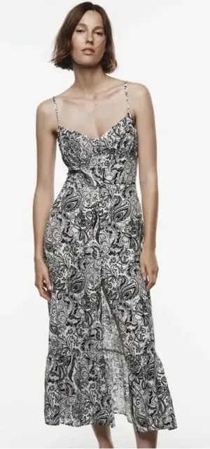 Zara Paisley Print Midi slip Dress Black White Cami Boho Cottagecore Size Medium thumbnail 1