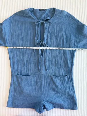 Zara Tie Front Cotton Gauze Coastal Blue Textured Romper thumbnail 9