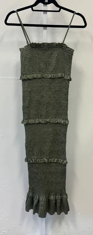 MABLE Smocked Tiered Ruffle Midi Dress Olive Green MD2291I‎ Small Summer Party thumbnail 1