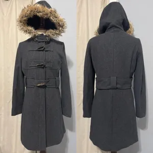 Anthropologie Elevenses Deep Woods Toggle Coat Wool Blend Faux Fur Gray size 10‎ thumbnail 2