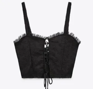 ZARA Tulle Lace Up Black Crop Tank Top thumbnail 1