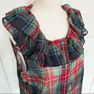 J. Crew Tartan Plaid Red Green Metallic Sheer Ruffle Button Tank‎ Blouse NWT S thumbnail 9