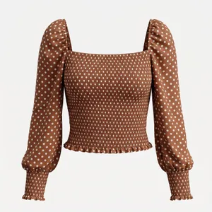 Gianni Bini Women's Brown Polka Dot‎ Smocked Puff Sleeve Angel Blouse XL thumbnail 2