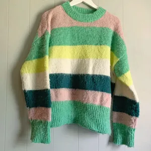 A new day Fuffy Striped Green & Pink Mock Neck Sweater L thumbnail 1