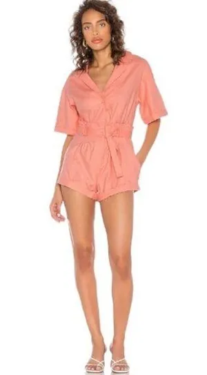 For Love & Lemons Pink Millie Linen Blend Romper in Mango US XS thumbnail 1