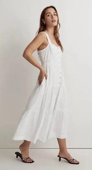 NWT Madewell Sz 8 White Button-Front Tiered Cotton Poplin Sleeveless Midi Dress thumbnail 1