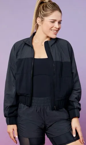Fabletics Bobbie Glam Black Jacket Cropped Lightweight Bomber Athletic Zip-Up thumbnail 1