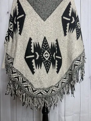 Earthbound Trading Poncho Sweater Fringe Aztec Black Tan Sz XL thumbnail 11