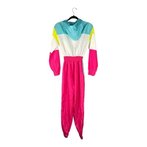 Neon 80s Colorblock Windbreaker Jumpsuit Womens Small Retro Pink Teal Zip Up thumbnail 9