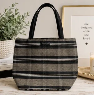 Kate Spade New York Black Gray Striped Plaid Canvas Tote Shoulder Bag thumbnail 1