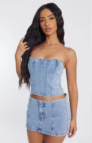 Pretty Little Thing Bandeau Denim Corset Top thumbnail 1