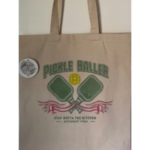 Leslie Jo Design Pickle Baller Canvas Tote Bag Beige Stay Outta The Kitchen NWT thumbnail 3