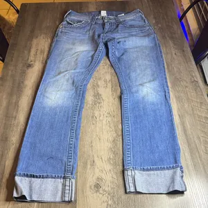 True Religion Medium Blue Cuffed Denim Straight Leg Jeans thumbnail 3