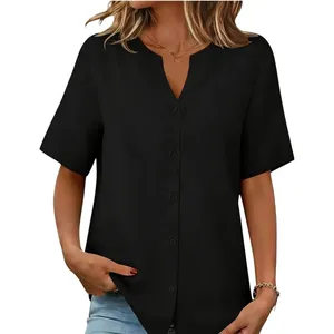 NEW Women Size XLarge Black 100% Cotton Linen-Like Short Sleeve Button Shirt thumbnail 1