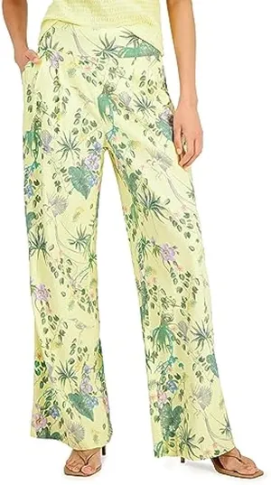 INC International Concepts Linen High Waist pleated Yellow Floral Wide Sz M Pants bright vibrant cottage thumbnail 1