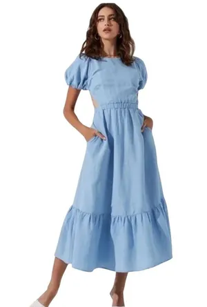NWT ASTR Baby Blue Puff Sleeve Milkmaid Cottage Midi Backless Dress thumbnail 1