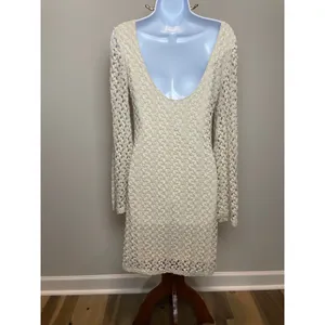 Free People Crochet Lace Dress Scoop Back With Bell Sleeves Size M Cream thumbnail 3