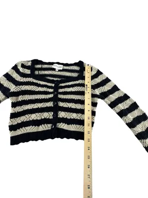 Striped Cropped Button-Front Cardigan in Black and Cream thumbnail 3