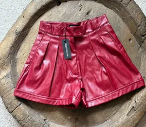 Pretty Little Thing faux leather red pleated shorts pockets women's size 2 thumbnail 1