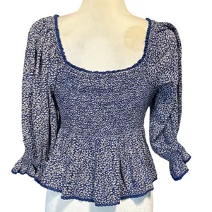Free People Brittnee Print Smocked Peplum Top – Blue Combo Milkmaid Boho thumbnail 2
