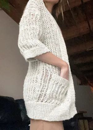 Free People marble tan crochet knit open cardigan quarter sleeve sweater thumbnail 1