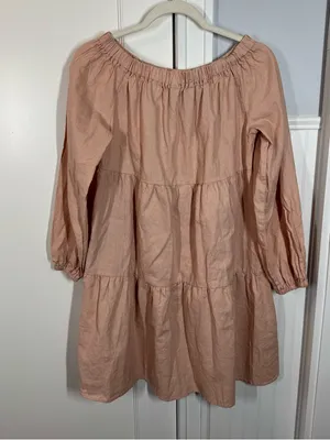 Saks‎ Fifth Avenue off the shoulder Linen cotton Tiered Dress in a peachy pink thumbnail 2