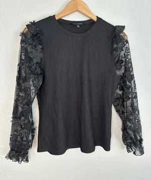 NEW Black Lace Sheer Long Sleeve Witchy Blouse Top Small Whimsygoth Halloween thumbnail 1