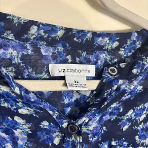 Liz Claiborne Long‎ Sleeve Blouse XL Blue Sheer Floral Button Top Cottagecore thumbnail 2