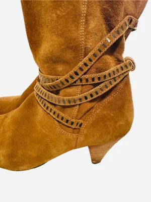 EXPRESS Suede Studded Strappy Cone Heel Boots Brown Sz 10 90’s, Y2K, Carmel thumbnail 8