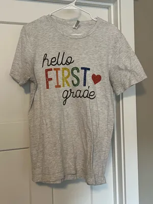 Bella Canvas Light Gray Hello FIRST Grade Graphic Tee with Multicolor Letters thumbnail 1