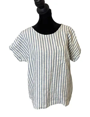 L.L. Bean Linen Blue White Stripe Top Womens M Pocket Short Sleeve Nautical thumbnail 1