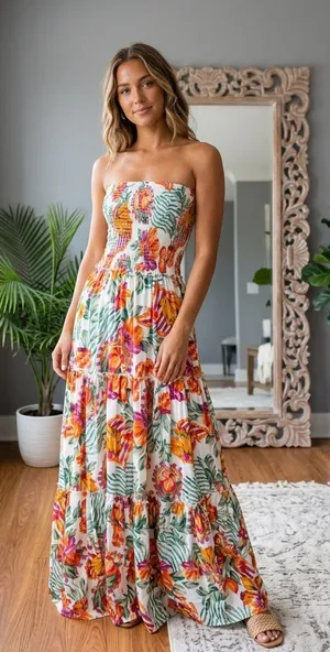 Abel The Label x Anthropologie Tropical Floral Strapless Smocked Maxi Dress SM thumbnail 1