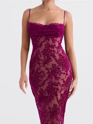 House of CB Ione Cranberry Devore Midi Mesh Burnout Velvet Style Dress Size: S thumbnail 2