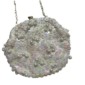 Vintage neutral white chain strap sequins pearl beaded mini handbag purse thumbnail 2