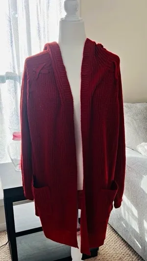 Signature Studio Women’s Red Hooded Open Front Knit Cardigan Sweater Pockets L thumbnail 1