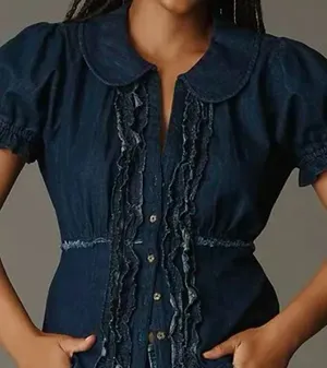 Anthropologie The Keira Denim Waisted Blouse by Pilcro thumbnail 3