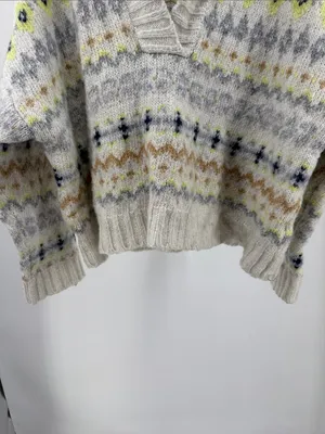 American Eagle Cozy Cream Fair Isle V-Neck hooded Sweater wool blend XL winter thumbnail 8