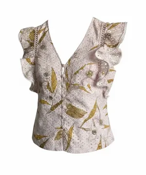 Ted Baker Floral Eyelet Ruffle V-Neck Top - Pink‎ & Olive thumbnail 1