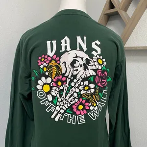 Vans Green Long Sleeve Floral Skulls Spell Out Graphic Shirt Classic Fit thumbnail 3