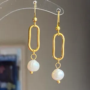 Handmade gold tone stainless steel natural shell pearls chic fairy boho vintage style dangle earrings💖 thumbnail 3