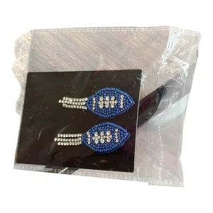 Football Earrings Womens‎ OS Blue Beaded Rhinestone Gameday Tailgate Sparkly thumbnail 5