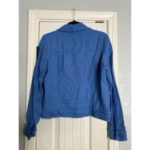 Elie‎ Tahari Linen Jacket Womens Medium Blue Frayed Hem Trucker Button Up Coat thumbnail 5