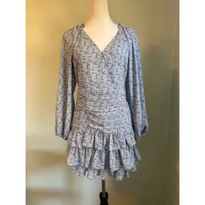 ASTR y2k Blue Multi Floral Ruched Tiered Ruffle Mini Dress boho cottage whimsi M thumbnail 2