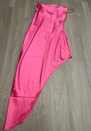Silky Pink Asymmetric Slip Dress - Women's thumbnail 1