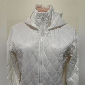 Divided woman white puffy snow ski suit size small zip up hooded thumbnail 3
