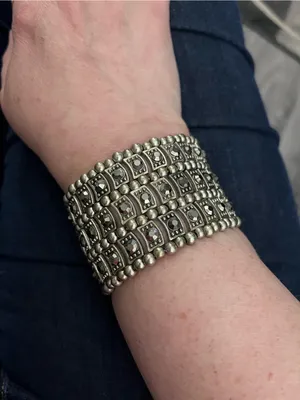 Silver Tone Hematite Rhinestone Wide Stretch Cuff Bracelet thumbnail 1