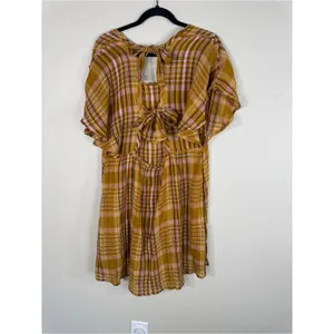 Anthropologie Yellow Pink Plaid Mini Dress Womens L Babydoll Boho Tie Back thumbnail 14