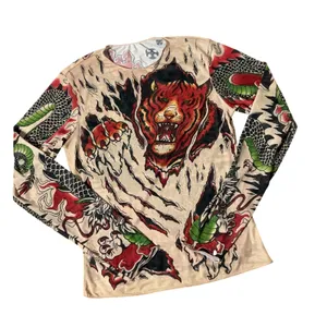 Tattoo Print Mesh Long Sleeve Top Womens S Nude Tiger Dragon Edgy Y2K thumbnail 1