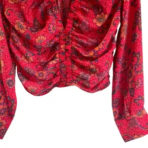 Free People Long Sleeve Floral V-Neck I Got You Printed Top Red Size Medium thumbnail 5