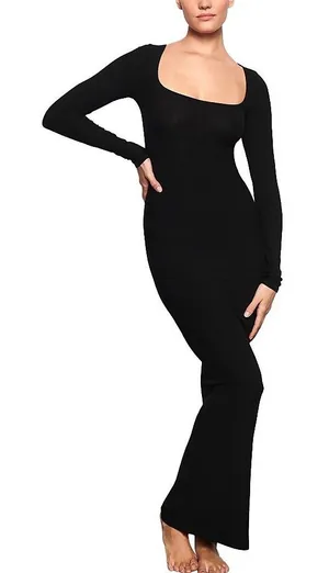 SKIMS Soft Lounge Long Sleeve Maxi Dress Onyx Black Size Small NWT thumbnail 1